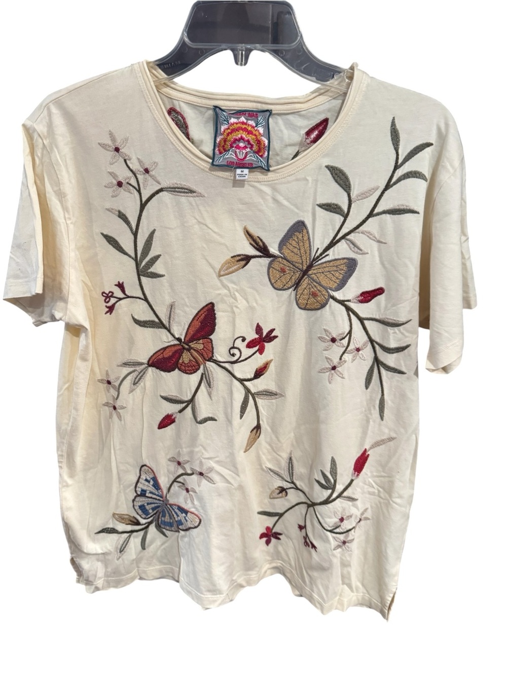 Johnny Was Cream Short Sleeve Tee with Embroidered Butterflies - Picture 2 of 4